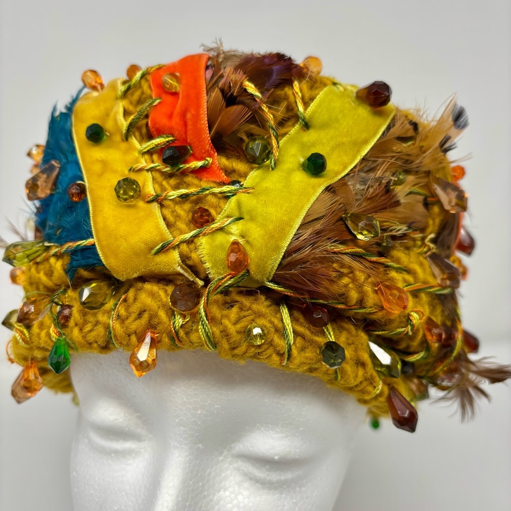 Vintage Christian Dior chapeaux hat with colorful feathers, ribbon & glass beads